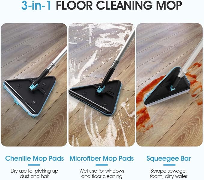 30ft Painted Wall Mop, 24ft Extension Pole, 3-in-1 Cleaning Kit | Heavy Duty, High Ceiling Cleaning Tool, 4 Microfiber Chenille Pad, Cobweb Duster, Fan, Baseboard, Window Squeegee Kit
