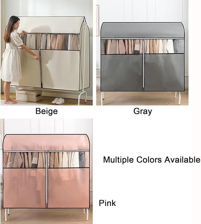 Clothing Rack Cover, Hanger Covers, Non-Woven with 3 Way Zipper, Large Transparent Window, Top Seal for Single Pole Clothes Drying Rack(Beige,60x50x120cm/24x20x47in)