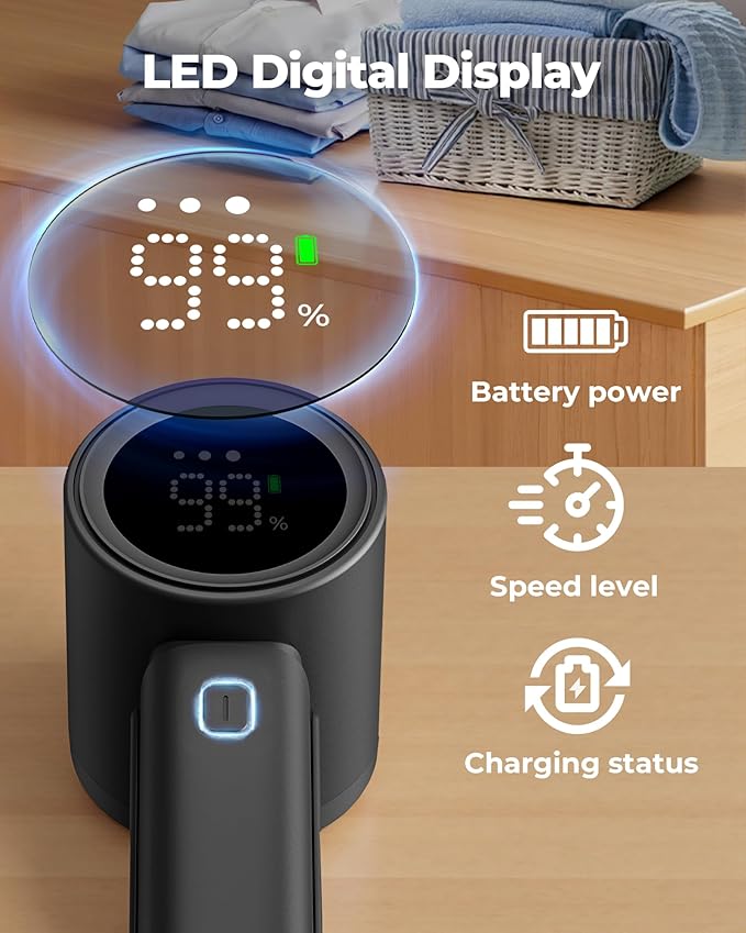 Fabric Shaver, Electric Lint Remover, Sweater Shavers to Remove Pilling with 3 Speeds, 6 Leaf Blade, LED Display & Type-C Rechargeable, Removes Fuzz, Pills for Clothes, Couch, Furniture