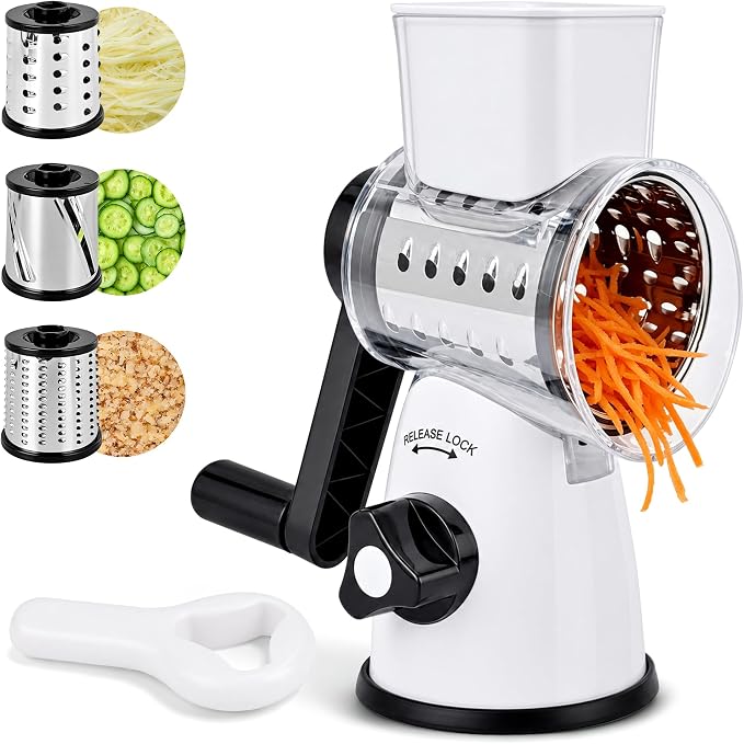 SUSTEAS Rotary Cheese Grater, Cheese Shredder with 3 Interchangeable Blades | Stainless Steel Kitchen Mandoline Vegetable Slicer , Stable Suction, Easy to Clean Grater Slicer for Vegetables, Nuts, White