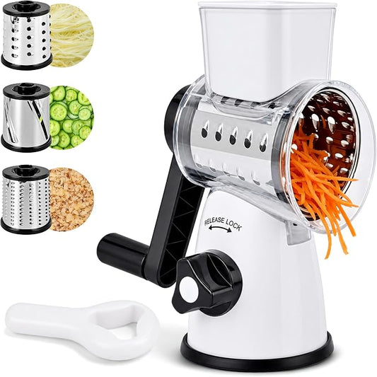SUSTEAS Rotary Cheese Grater, Cheese Shredder with 3 Interchangeable Blades | Stainless Steel Kitchen Mandoline Vegetable Slicer , Stable Suction, Easy to Clean Grater Slicer for Vegetables, Nuts, White