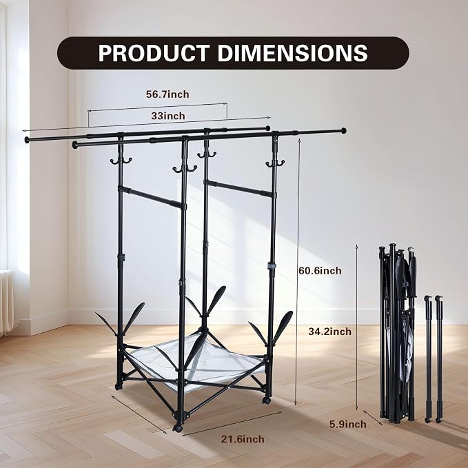 Folding Clothes Drying Rack with Extendable Rod and Wheels | Double Rod Extendable 33.1–56.7 Inches, Drying Rack Clothing with Wheels, Sweater Drying Net,Hat Hanger