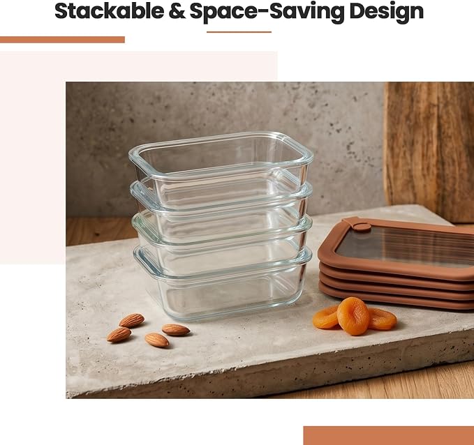 Taree Glass Food Storage Containers, 8 Pack 35oz, Brown Lids | Warm Brown Lid Design • Glass & Silicone Lids • Airtight Leakproof Seal • Steam Vent • Microwave-Safe Lid