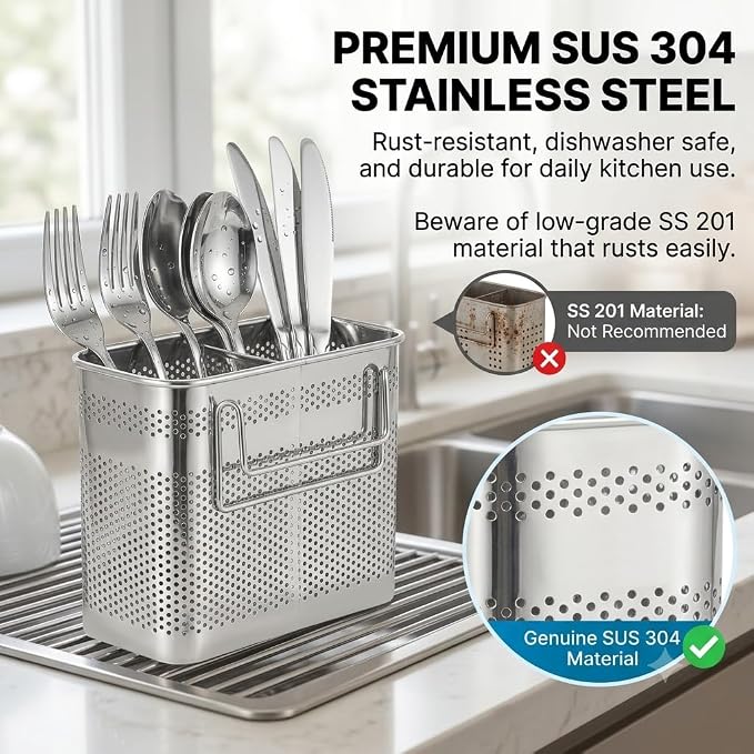HOME&I SUS 304 Silverware Basket for Dish Rack, Hanging Utensil Holder