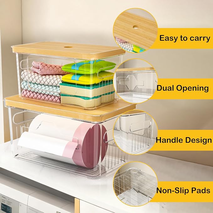 2 Pack Trash Bag Holder with Bamboo Lid, Stackable Garbage Bag Dispenser Under Sink, Storage Organizer for Kitchen, Laundry, Pantry