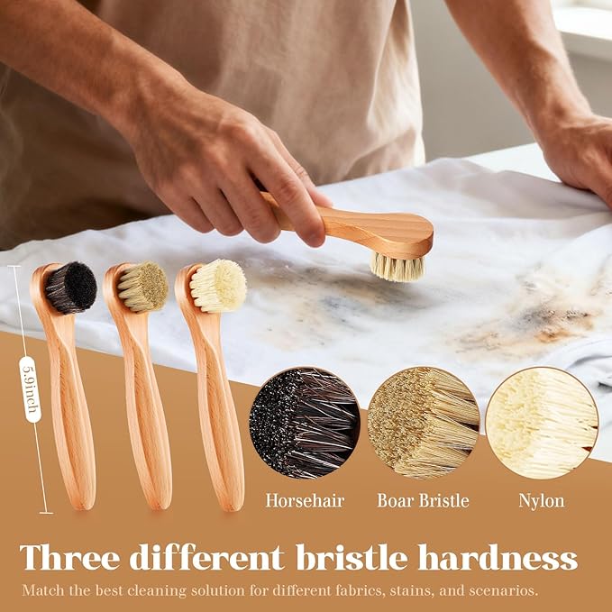 3 Pcs Wooden Laundry Stain Brush Stain Remover Dauber Brushes with Round Head Boar Bristle Small Stain Brush for Clothes for Scrubbing Stains from Furniture Fabric Leather(Style A)