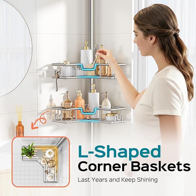 HAMITOR L-Shaped Corner Shower Shelves: 4-Tier Tension Pole Bathroom Caddy - No Drilling Rustproof Metal Bathtub Organizer - Standing Adjustable Apartment Essentials Rack for Renters 47-123 Inch