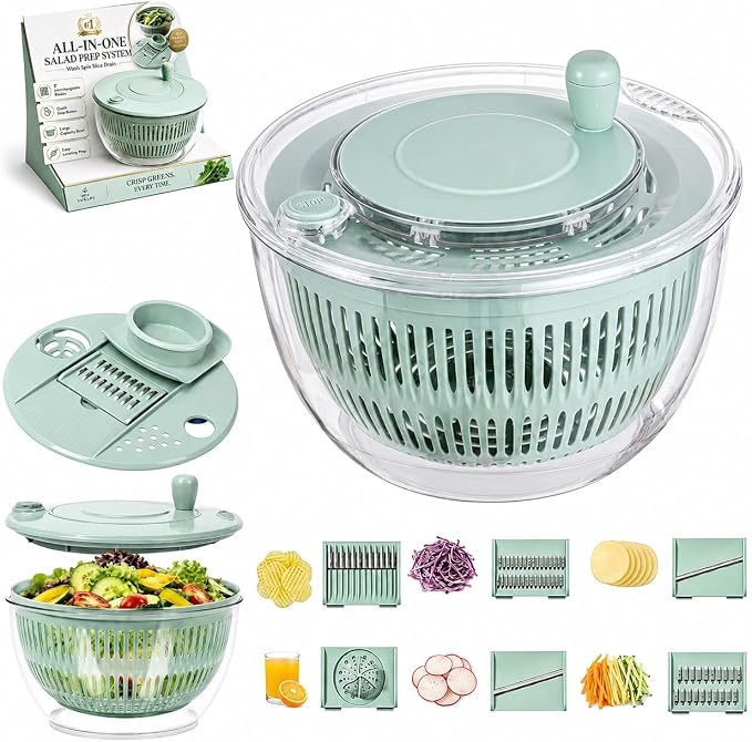 Multifunctional Salad Spinner with Slicer, 3 in 1 Vegetable Fruit Washer Dryer, Kitchen Chopper Tool Set with 5 Interchangeable Blades Egg Separator Large Lettuce Dehydrator | White-transparent