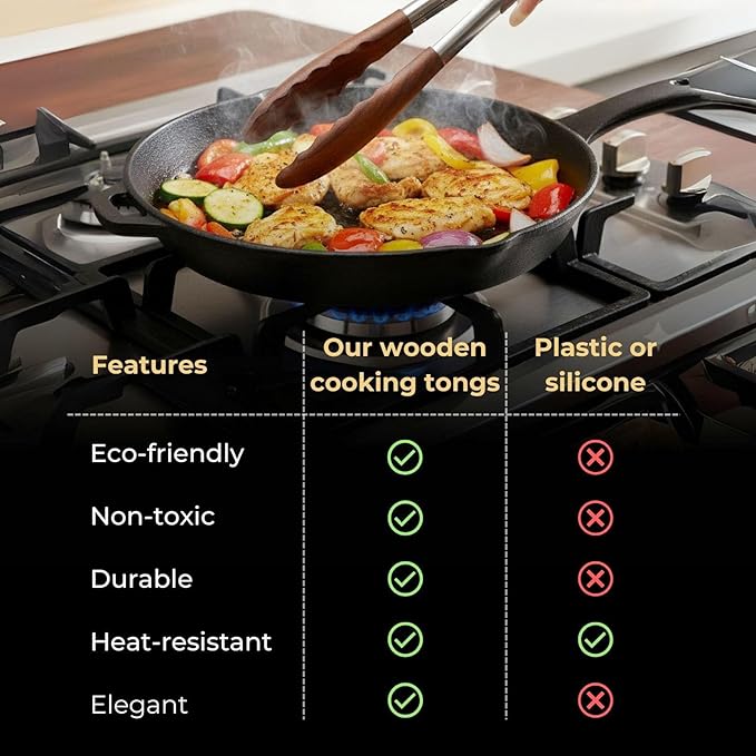 Wooden Tongs for Cooking with Stainless Steel Long Handle – Non-Slip Design, Hanging Hole, Perfect for BBQ, Salad Tossing & Serving, Household Creative Cooking Tongs (9 Inch)