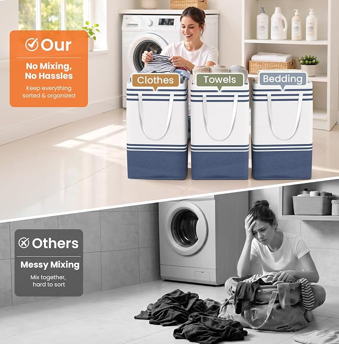 TranquilRelax 3-Pack Laundry Basket, Laundry Hamper, Blue-88L | Freestanding＆Water-Resistant Laundry Hamper, Collapsible Tall Clothes Hamper with Carry Handles for Clothes, Laundry Basket