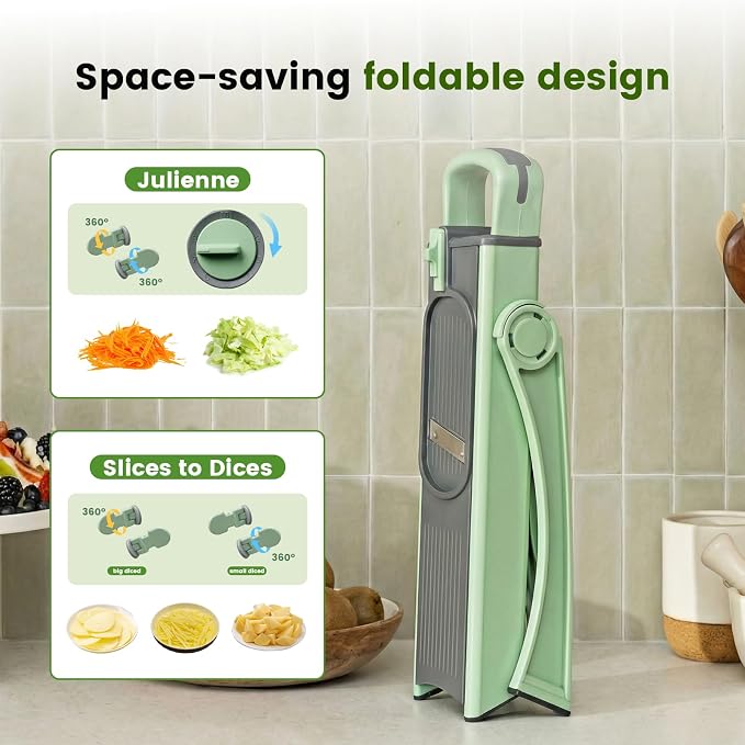 4-in-1 Safe Mandoline Slicer & Vegetable Chopper with 0.1-8mm Adjustable Thickness, Dicer, Julienne & French Fry Cutter Functions, Foldable Kitchen Gadget with Container (Green)