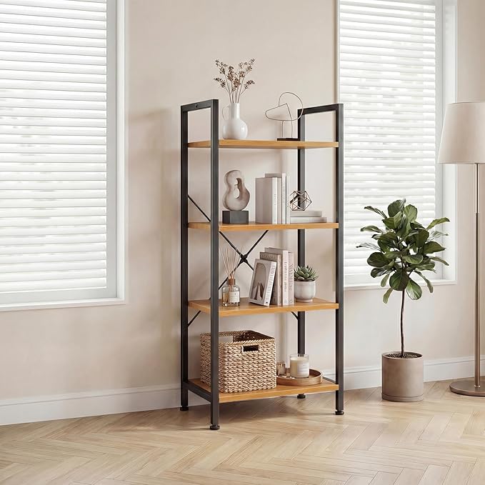 DUMOS 4 Tiers Open Bookshelf, Classic Freestanding Tall Display Shelf, Multifunctional Storage Organizer Rack for Living Room Home Office, Sturdy Bookcase for Books/Movies, Wood | Multifunctional Storage Organizer Rack for Living Room Home Office, Stur...