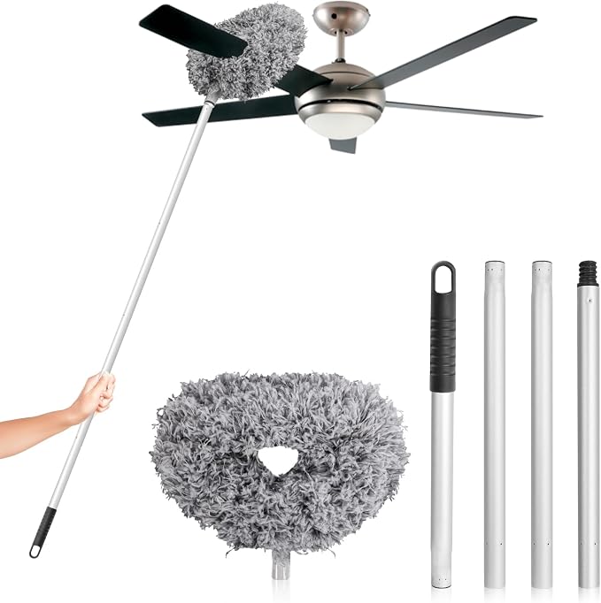 FONUNO Ceiling Fan Cleaner Duster High Ceiling Extended Fan Blade Cleaner | Reusable Microfiber Ceiling Fan Duster with Extension Handle from 13 to 50 Inch for Furniture Bookshelves Wall Door, Gray