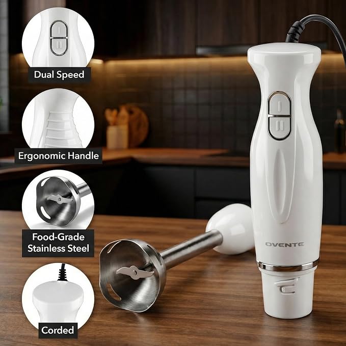 OVENTE Immersion Hand Blender, 300W Electric Handheld Stick Mixer with 2 Mixing Speeds and Stainless Steel Blades for Smoothies, Purees & Baby Food, White HS560W