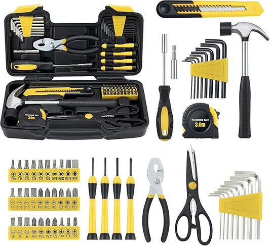 MARTCOLOR 58 Piece Household Tool Set, General Household Hand Tool Kit with Plastic Toolbox Storage Case, All Purpose Household Tool Kit for Home, Garage, Office and College Dormitory Use, Yellow