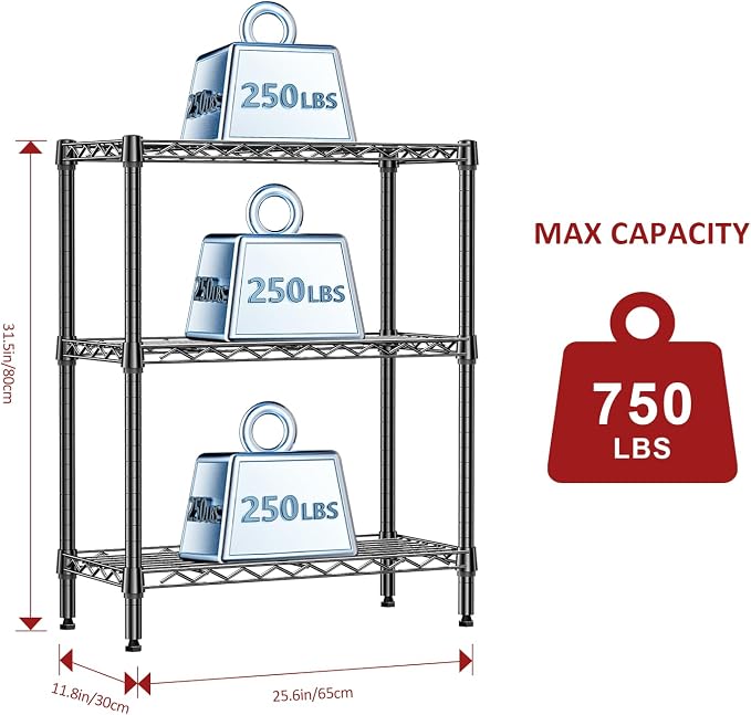 IZEUK 3 Tier Heavy Duty Steel Storage Shelves, Metal Shelf Wire Shelving Rack for Pantry, Kitchen, Cloakroom or Office Organization (11.8" D x 25.6" W x 31.5" H, 750LBS, Black)