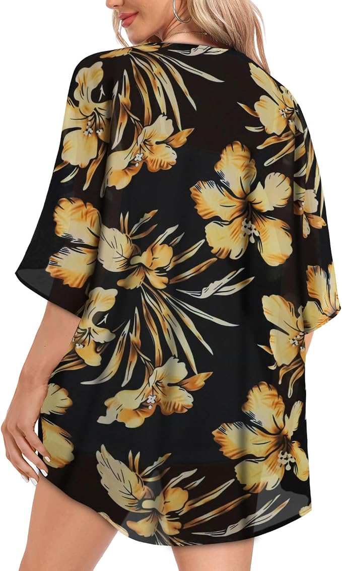 Women Kimono Cardigans Summer Cover Up Hawaiian Shirts Floral Print Tops | ROSEMIA chiffon kimono open front cardigans, beach cover ups, daily casual tops, cruise outfits, summer resort wear
