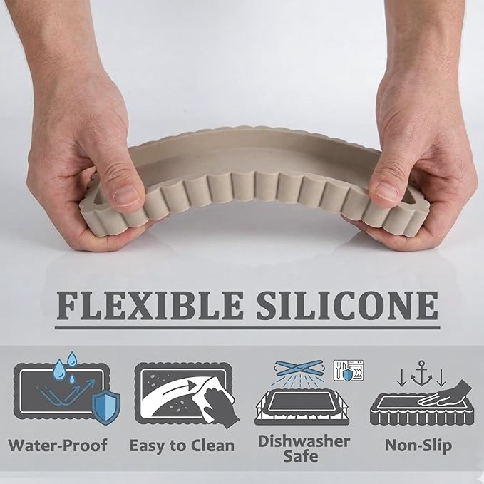 Small Silicone Bathroom Vanity Tray, Sink Caddy for Dish Soap Dispenser, Sponge Holder for Kitchen Sink, Rectangle Bathroom Countertop Organizer for Perfume, Jewelry, Candle (7.9” * 4”, Khaki)
