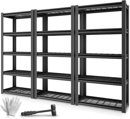 Auto Dynasty 5-Tier Storage Shelves Set of 3, 72" H (3000LBS Capacity) Adjustable Garage Shelving, Metal Storage Utility Rack Shelf Unit for Pantry Kitchen Warehouse, 72" H x 35" W x 16" D, Black