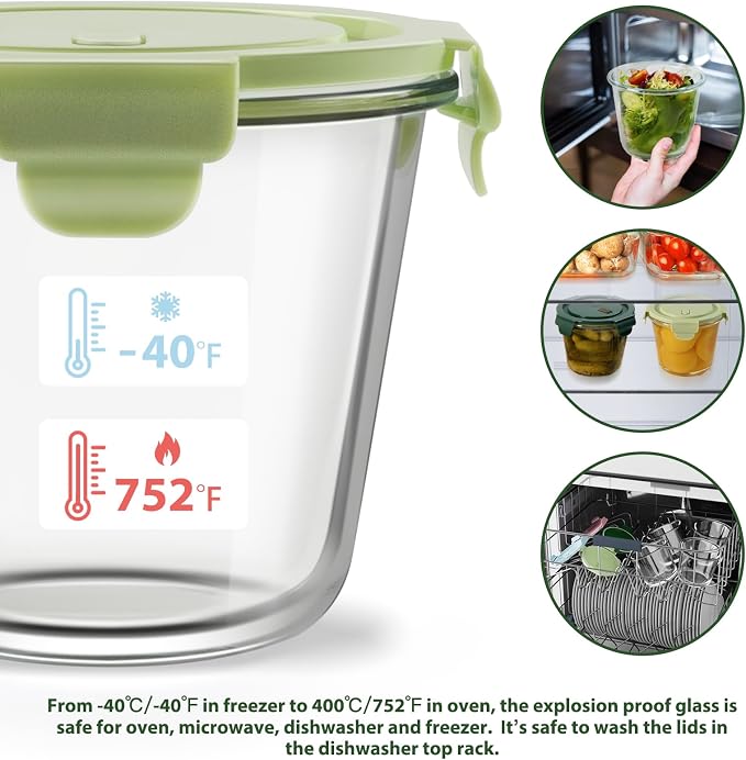 Freshmage 3Cup/23oz Glass Meal Prep Containers with Vented Lids, 6 PACK | Airtight丨Heat-Resistant丨BPA-Free丨Lunch Soup Leftover Food Storage丨Microwave Oven Dishwasher Freezer Safe丨Round