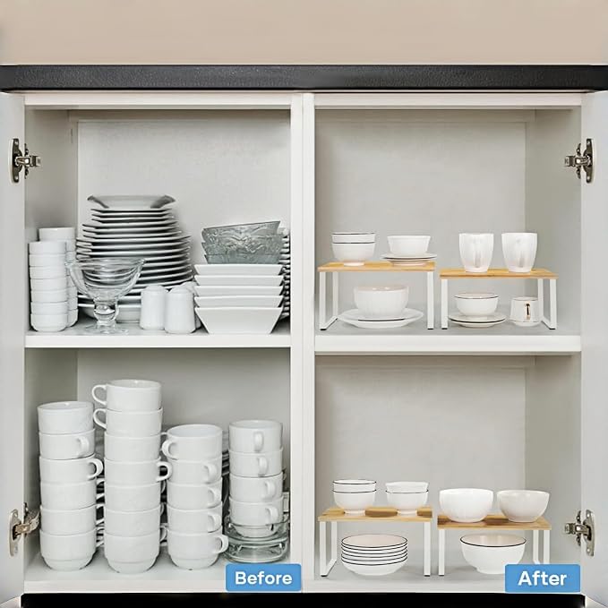 NEX Bamboo Kitchen Cabinet and Counter Shelf Organizer, Stackable & Expandable, Set of 4, White and Natural | Stackable Spice Rack, Pantry Organizers Space-Saving, Bathroom Countertop Storage, White and Natural