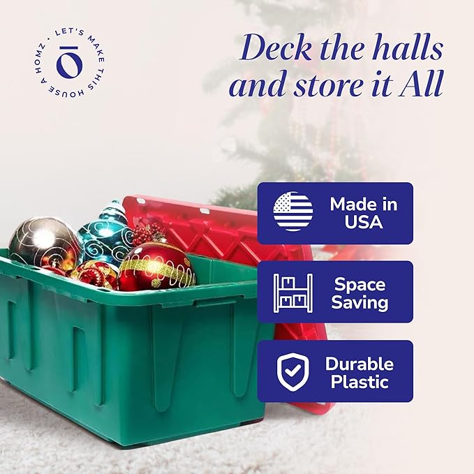 HOMZ 2-Pack Durabilt, Heavy Duty Plastic Storage Bins with Lids, 15 Gallon, Green/Red - Stackable Container Boxes for Holiday, Attic, and Garage Organization