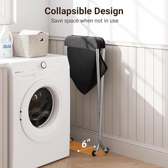 ELYKEN Laundry Basket with Wheels, Collapsible Laundry Hamper, Black | Removable Liner Bag, Foldable Design, Sturdy Metal Frame, 4 Casters, 32”H Laundry Cart for Bedroom, Bathroom & Laundry Room