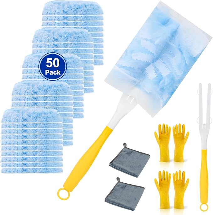 Duster Refill for Cleaning with 2 Handles, Heavy Duty Disposable Duster Kit | 50pack, Unscented Replacement Head Dust Removal Brush, for Electronics, Furniture, Blinds, Ceiling Fans, Walls