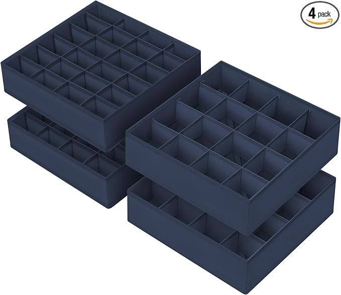 Joyoldelf Sock Drawer Organizer Divider 4 Packs Underwear Organizer, 2 x 24 Cell + 2 x 16 Cell Closet Organizers and Storage Sock Holders for Storing Socks, Handkerchiefs, Ties, Belts (Navy Blue)