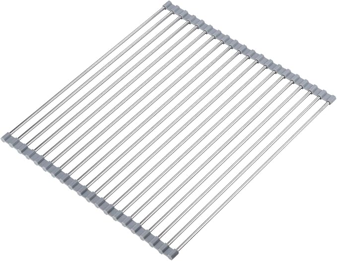 Hhyn Roll Up Dish Drying Rack Over The Sink 17.7"(L) x 15.6"(W), Multipurpose Foldable Stainless Steel Kitchen Rollable Drainer Rack, Gray