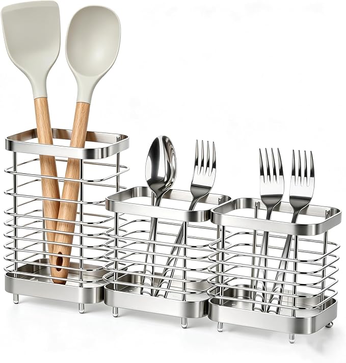 Utensil Holder, Stainless Steel Utensil Drying Rack for Kitchen Counter, Silverware Cutlery Flatware Holder Forks, Knives, Spoons, Chopsticks Organizer (1 Large + 2 Small)