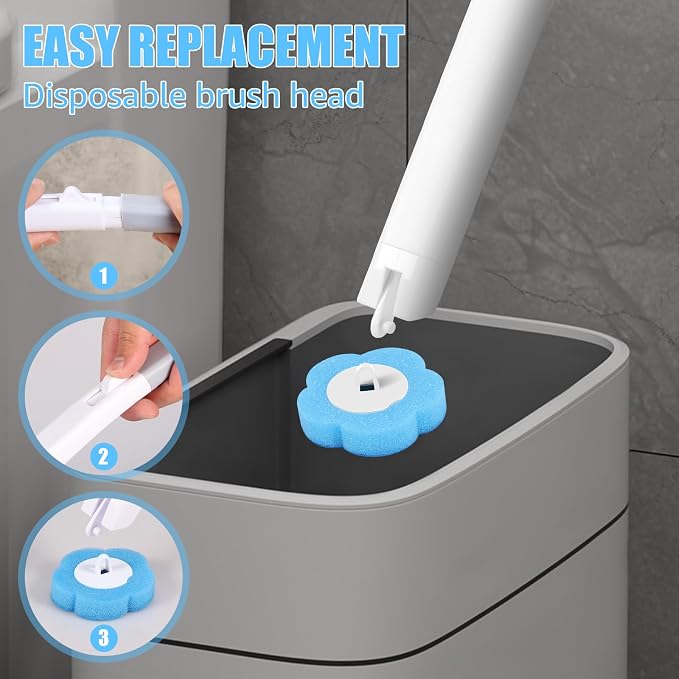 Disposable Toilet Bowl Cleaner Wand System, Wall Mounted Toilet Brush with 360° Sponge Refill Heads, Hygienic Deep Cleaning Bathroom Scrubber, Space Saving Adhesive Caddy