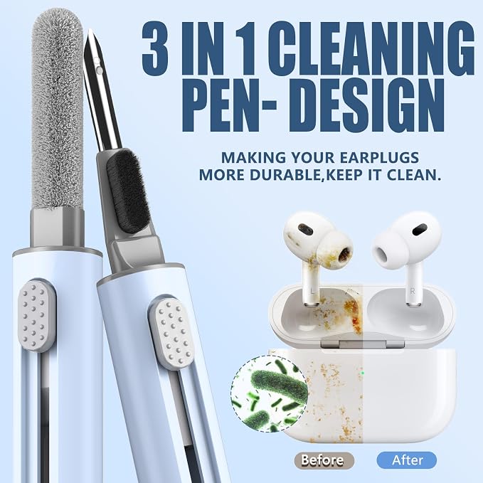 Inesore Multi Cleaning Kit for AirPods & All Bluetooth Earbuds (Blue) | Metal Tip, High-Density Soft Brush, Flocked Sponge Tip, 3 in 1 Design, Compact & Lightweight, Easy Operation, Easy to Carry