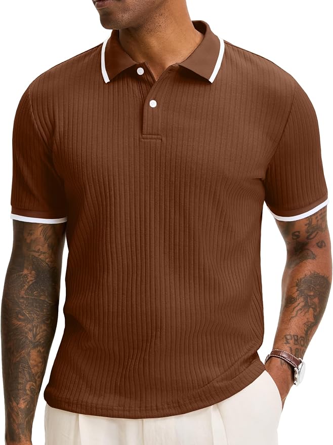 Comdecevis Men's Regular Fit Short Sleeve Knit Polo Shirts | Business casual, lightweight, breathable, stretch textured fabric, moisture wicking, easy care