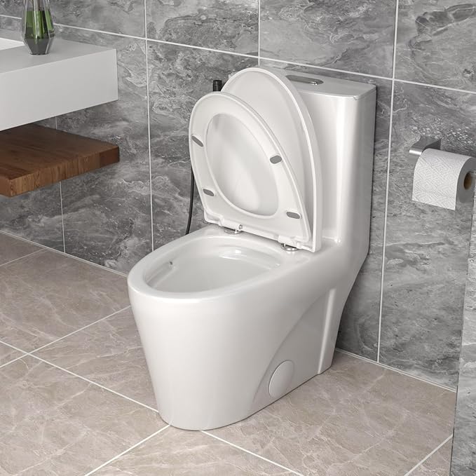 10'' Rough-in Compact One Piece Toilet - White Ceramic Toilets with 15.3" Soft Close Chair Seat 1.1/1.6 GPF for Water Saving Dual Flush Small Bathroom Compact Toilet 14.5''x27''x30.6''