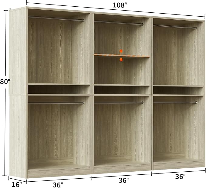Unikito 9FT Modular Closet System with 6 Hanging Rods, 2500LBs Heavy Duty Walk-in Clothing Organizer, 3-Piece Wood Garment Rack for Bedroom, White Oak