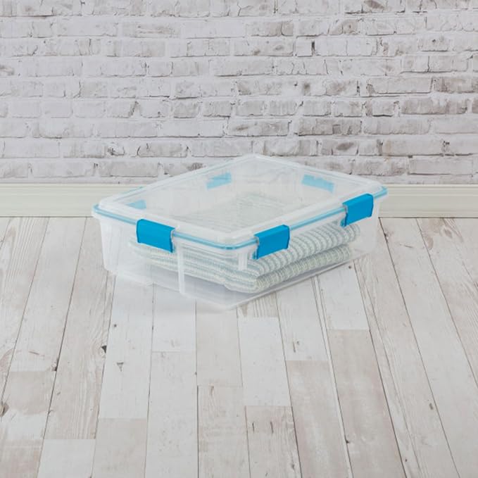 Sterilite Gasket Storage Box with Lids for Home & Office, 37 Quart, 16-Pack | Heavy-Duty, Stackable, and Organizing Containers for Bathroom, Cabinet, Closet, and Garage, Clear and Blue Aquarium Latches