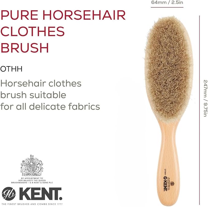 KENT OTHH1 Clothes Brush, 100% Natural Pure Horsehair in Japanese Style Lint Remover for Delicate Cashmere, Wool, and Silk to Keep Fabrics Free from Fibres, Fluff. Luxury Beechwood. Made in England