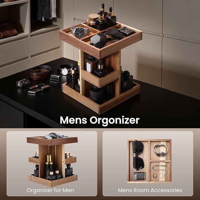 EXIN DECHEN Cologne Organizer for Men,Birthday Gifts for Men,Acacia Wood | Easy Installation,360° Rotating,Boyfriend Husband Dad Gift Ideas,Mens Accessories for Desk,Bathroom Countertop,Vanity,Dresser