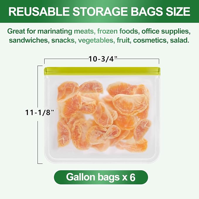 6 Pack Freezer Bags Gallon, Reusable Freezer Bags, Food Storage Bags, BPA Free Same as Reusable Ziploc Bags, Leakproof Extra Thick for Traveling & Household, Grey
