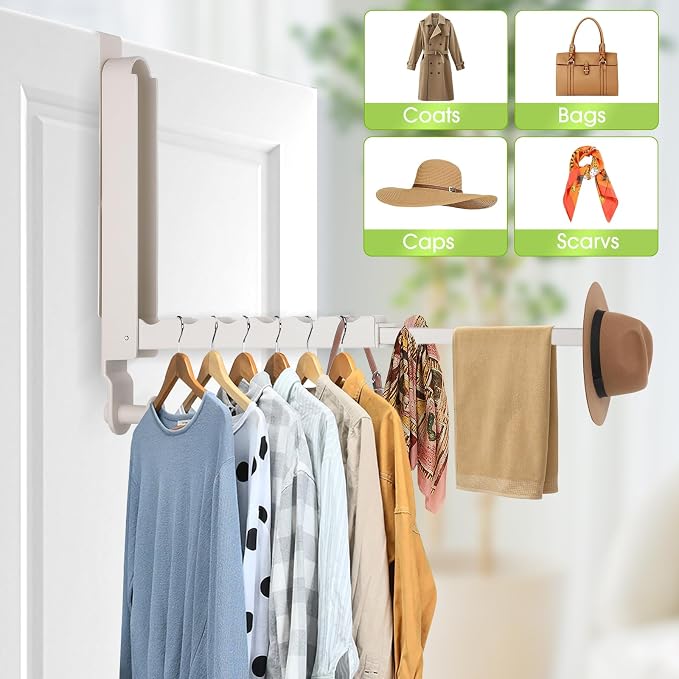 Over The Door Drying Rack, 1 Pack White Foldable Clothes Hanger Doors Hooks | Fits Doors Up To 1.88", Foldable Design, 6 Anti-Slip Slots with Extra Hanging Rod, Door Organizer Rack for Laundry Clothes