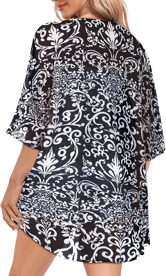 Women Kimono Cardigans Summer Cover Up Hawaiian Shirts Floral Print Tops | ROSEMIA chiffon kimono open front cardigans, beach cover ups, daily casual tops, cruise outfits, summer resort wear