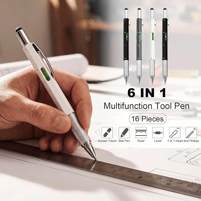 Zhanmai 16 Pcs 6 in 1 Multitool Pen Bulk Gift for Men Multi Tool Ballpoint Pen with Ruler Level Screwdriver Stylus Cool 40 Ink Refill Tool Gadget Birthday Christmas Stocking Stuffer (Black Gray White)