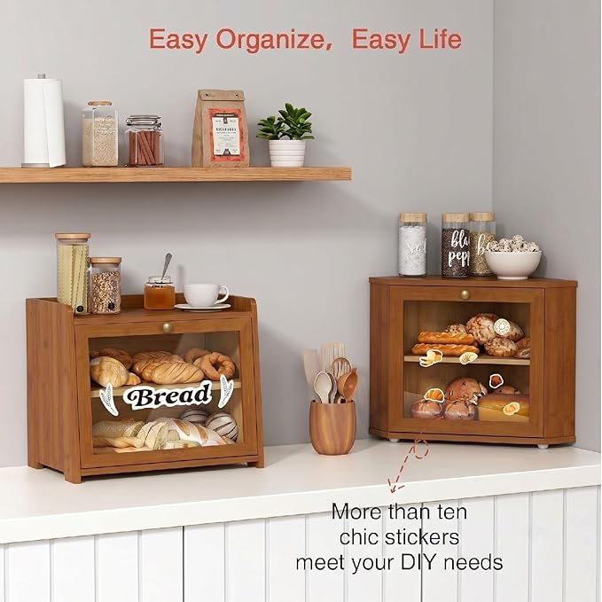 Goozii Walnut Brown Corner Bread Box for Kitchen Countertop, Double Layer Breadbox for Homemade Sourdough Bread, Dark Wooden Vintage Kitchen Counter Cabinet for Baked Goods, Tea, Coffee Beans