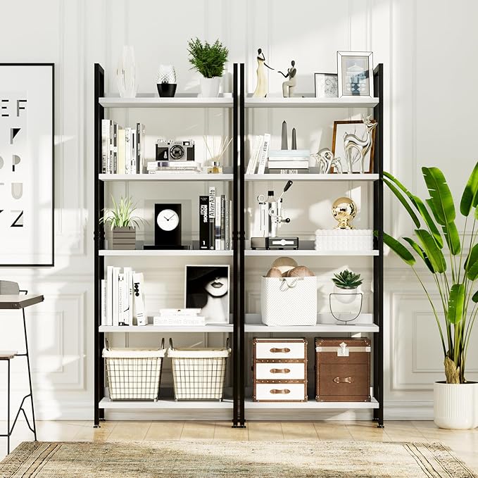 NUMENN Bookshelf, 5 Tier Freestanding Shelving Unit, White&Black | Metal Frame & Wood Shelves, Falling Prevention Baffle, Open Storage Bookcase for Bedroom, Living Room & Home Office