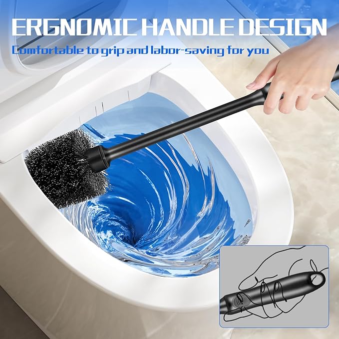 AONEZ Toilet Brush and Holder Set, 2 Pack Long-Handle Toilet Brush, Non-Slip Grip, Nylon Bristles, Deep Cleaning for Bathroom, Toilet Scrubber- Black