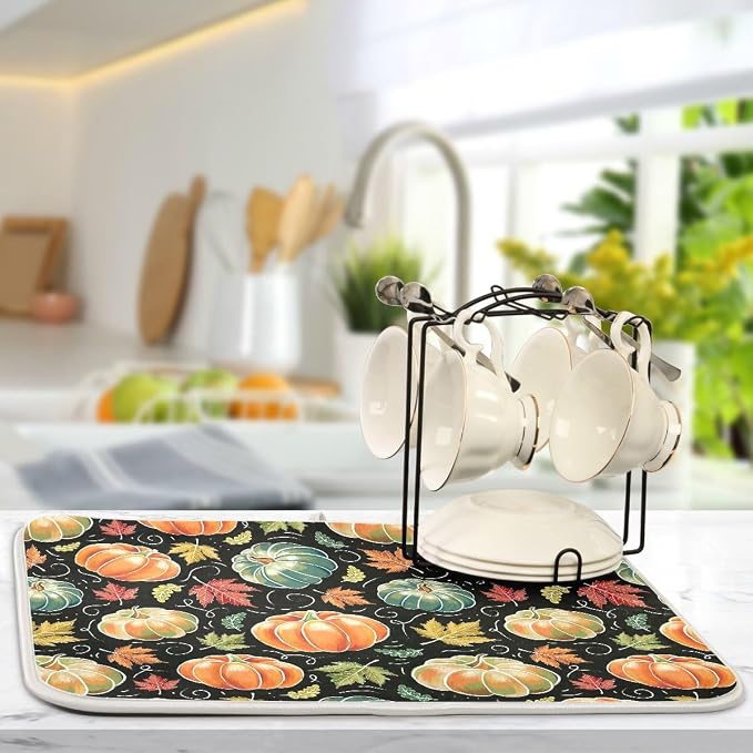 Fall Pumpkin Dish Drying Mat for Kitchen Maple Leaves Black Microfiber Drying Mats Absorbent Reversible Dish Pad Medium Dish Draining Mat 16x18 inch