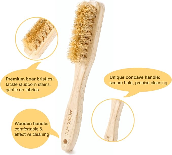 3Pcs Small Wood Laundry Stain Brush Set with Boar Bristles, Stain Remover for Delicates, Cotton, Linens and Shoes, Portable Laundry Scrub Brushes for Fresh Clean Fabric