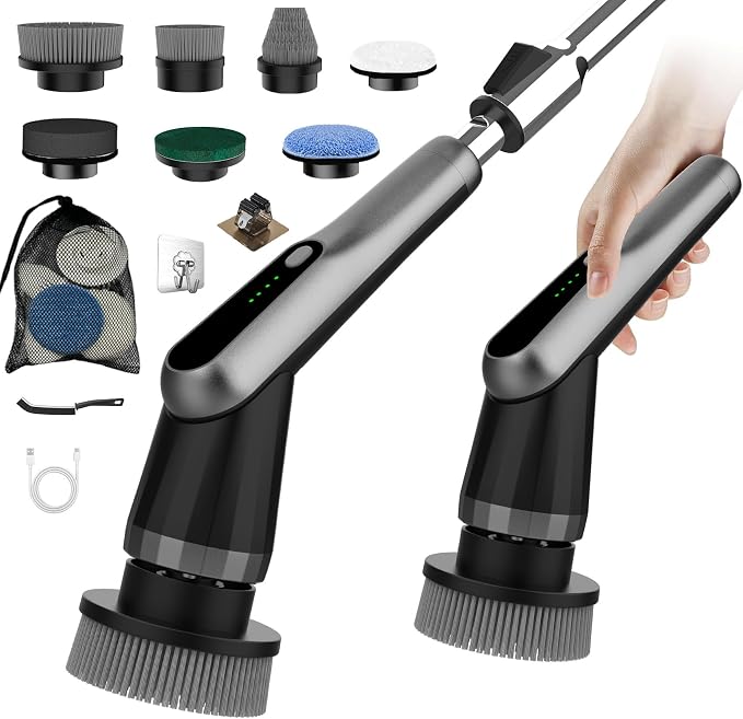 WKY-Electric Spin Scrubber - Upgraded 10-in-1 IPX7 Waterproof Shower Scrubber, Retractable Handle & 2-Speed for Toilet, Bathroom, Bathtub, Tile Floors