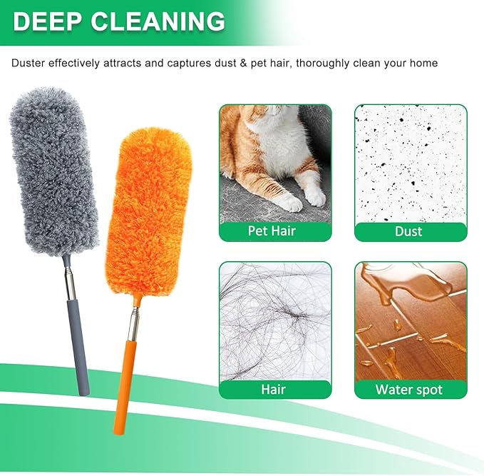 4 Pack Small Microfiber Feather Duster, with 13" to 30" Extendable Pole, Microfiber Head, Cleaning Tool for Cleaning Office, Car, Computer, Furniture, Sofa (Orange/Blue/Green/Gray)